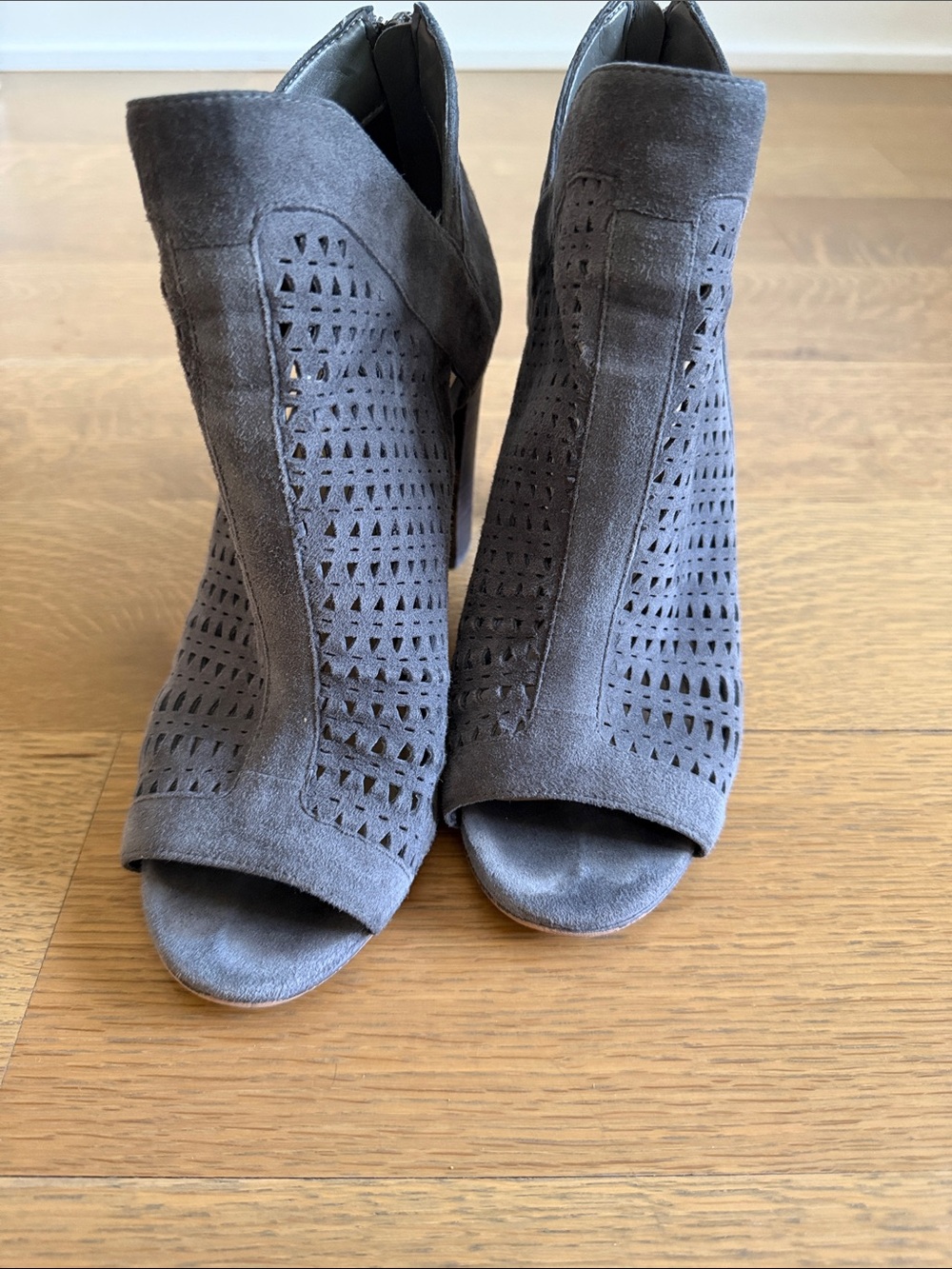 Vince Camuto Gray Suede Cutout Peep-Toe Booties